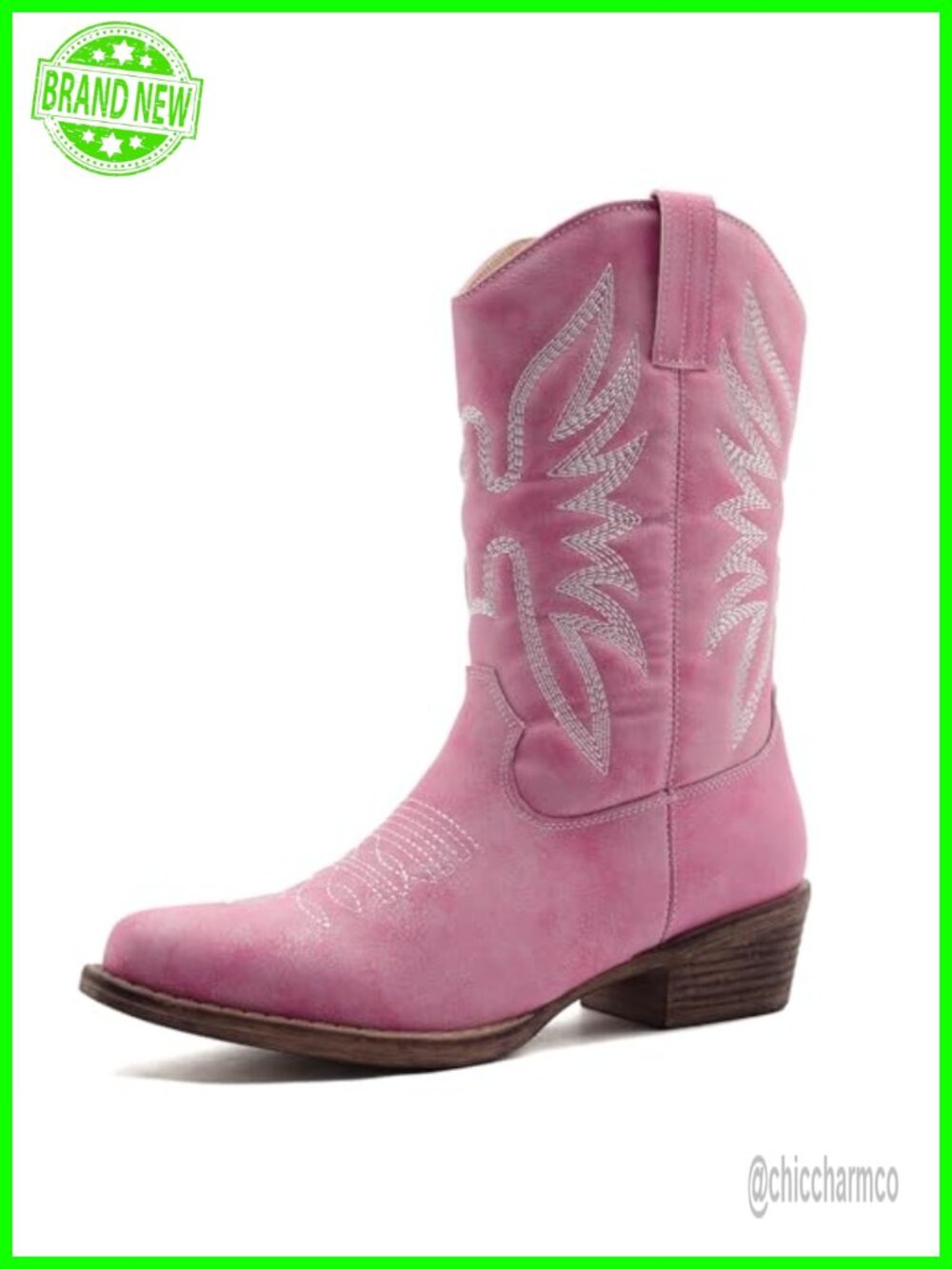 Cowboy Boots Square Toe Faux Leather Mid-Calf Western Style